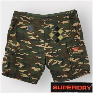 Superdry Mens Cargo Camo Shorts Size 38 Green Pockets Outdoor‎ Cotton Casual